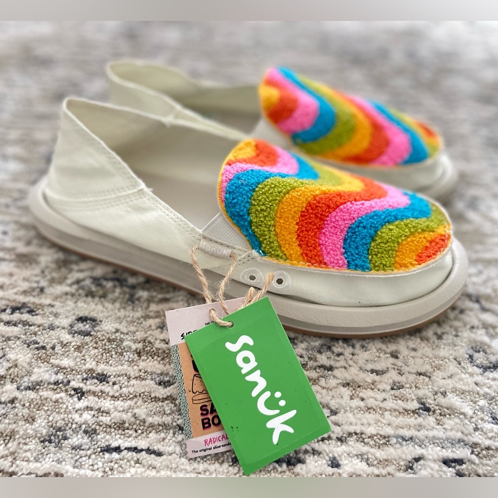 Sanuk Donna Rainbow Hemp Loafers Womens 8 White Colorful Slip On Sidewalk Surfer - Picture 2 of 11